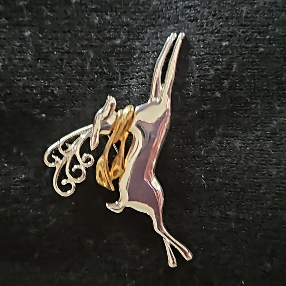 Gorgeous shiny silver 2.25" reindeer pin with gold scarf accent